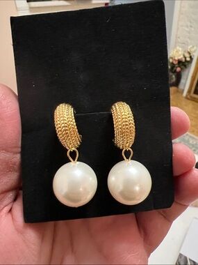 Gold-Tone Drop Earrings with White Pearl Spheres